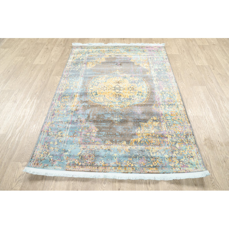 Tapis oriental jaune / bleu / rose, Rectangle 5 pi x 7 pi
