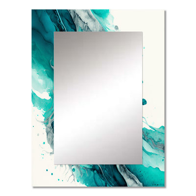 Turquoise Waves In Paradise VII - Liquid Ink Decorative Wall Mirror, Modern Mirror, Printed Metal Art