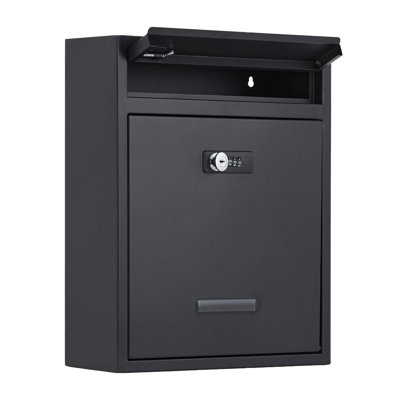 Locking Wall Mount Mailbox 16 Inch, Heavy Duty Metal Post Box with 3 Digit Combination Lock for Home Use, Rust-Resistant Black Mailboxes for Outside