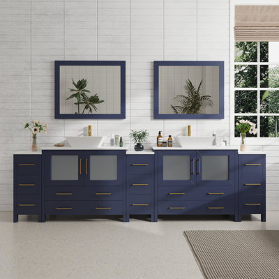 Ravenna 108" Freestanding Double Sink Bathroom Vanity with Engineered Marble Top and Matching Mirrors