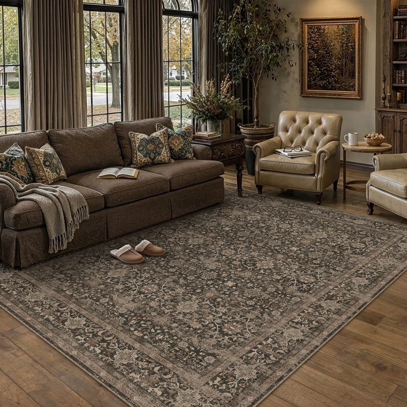 Lumora Vintage Elegant Floral Area Rug, Brown/Black, Rectangle 8' x 10'