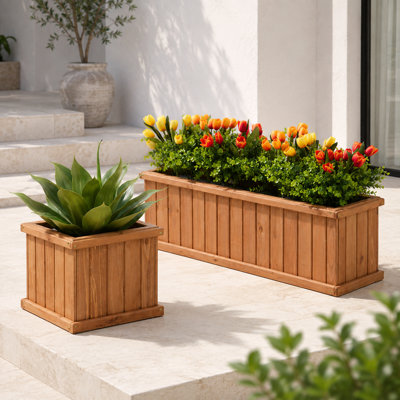 Ensemble de 2 jardinières d'extérieur en bois de cèdre avec drainage, carrée de 38 cm et rectangulaire de 102 cm, marron