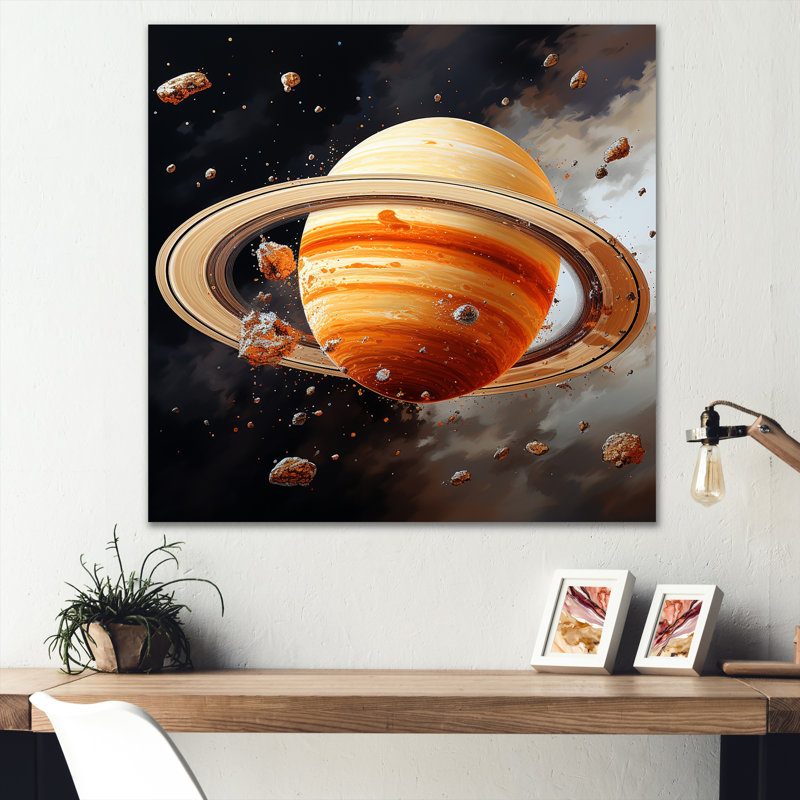 Planète Saturne, univers cosmique I - art mural de la planète espace, H 36 po x l 36 po x P 1,5 po, Toile tendue