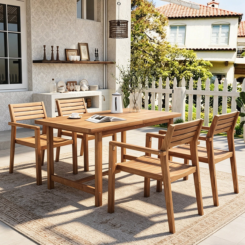 Ensemble de salle à manger 5 pièces en bois d'acacia avec table rectangulaire et trou pour parasol, parfait pour le patio et l'intérieur