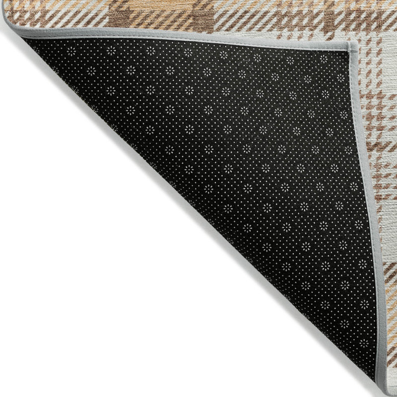 Peach and Beige Plaid Washable Synthetic Rug, 3' x 5'