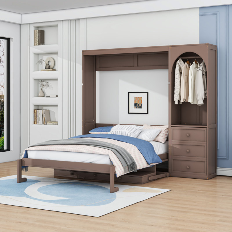 Grand lit escamotable en bois avec 3 tiroirs, bureau et tringle à DEL, Brown