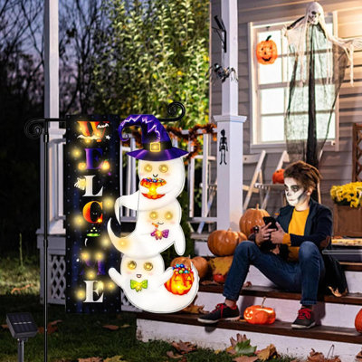 Drapeau d'Halloween illuminé pour le jardin, drapeau de jardin solaire pour l'extérieur, 8 modes décorations pour Halloween