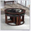 Table basse cylindrique en bois massif avec plateau en verre et 4 tabourets