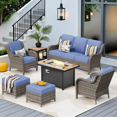 Ensemble de terrasse pour 7 personnes avec coussins et foyer d'extérieur, ensemble de patio en osier toutes saisons