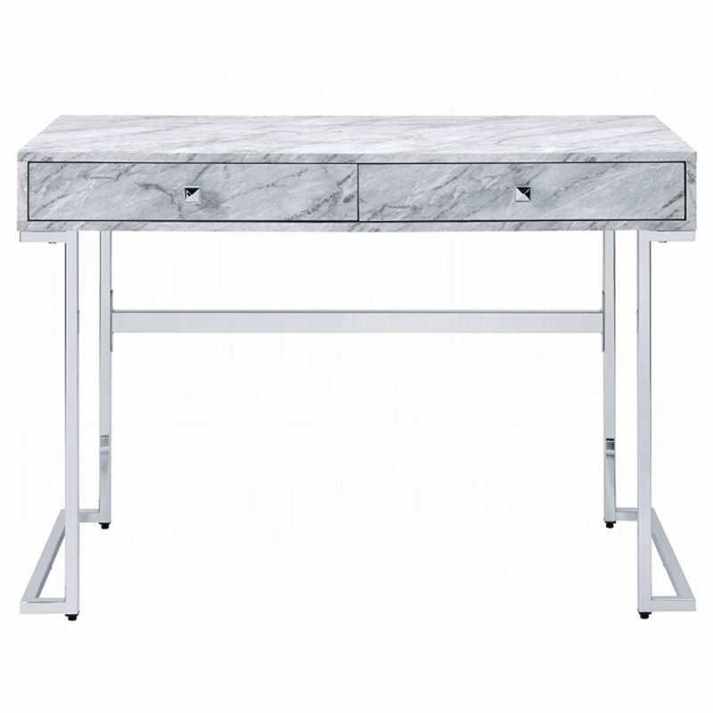 Bureau d'écriture Tigress, plateau en faux marbre blanc et finition chromée
