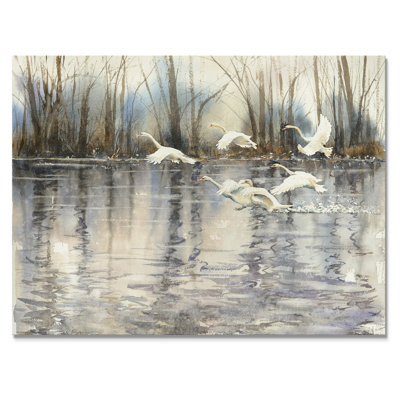 White Swans Flying over a Beautiful Lake - Wrapped Canvas Print -  Winston Porter, 960305F86ECB495B8BA7720C72788D33