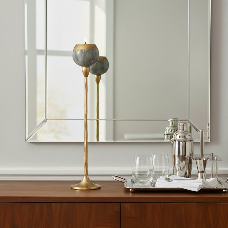 Decorative Pillar Candle Holder with Metal Base - Modern Tabletop or Floor Candle Holder for Table and Living Room Decor - Gray & Gold