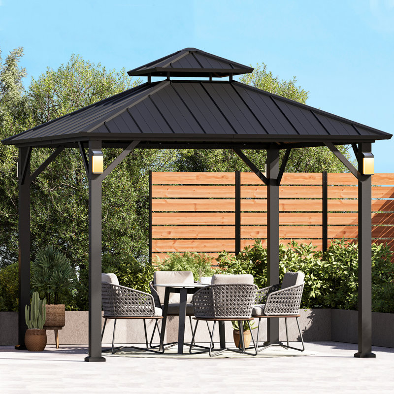 Rowan 10' X 10' Double  Hard Top Outdoor Patio Gazebo With Solar Self Powered LED Lights Per Post, Pavillian Roof
