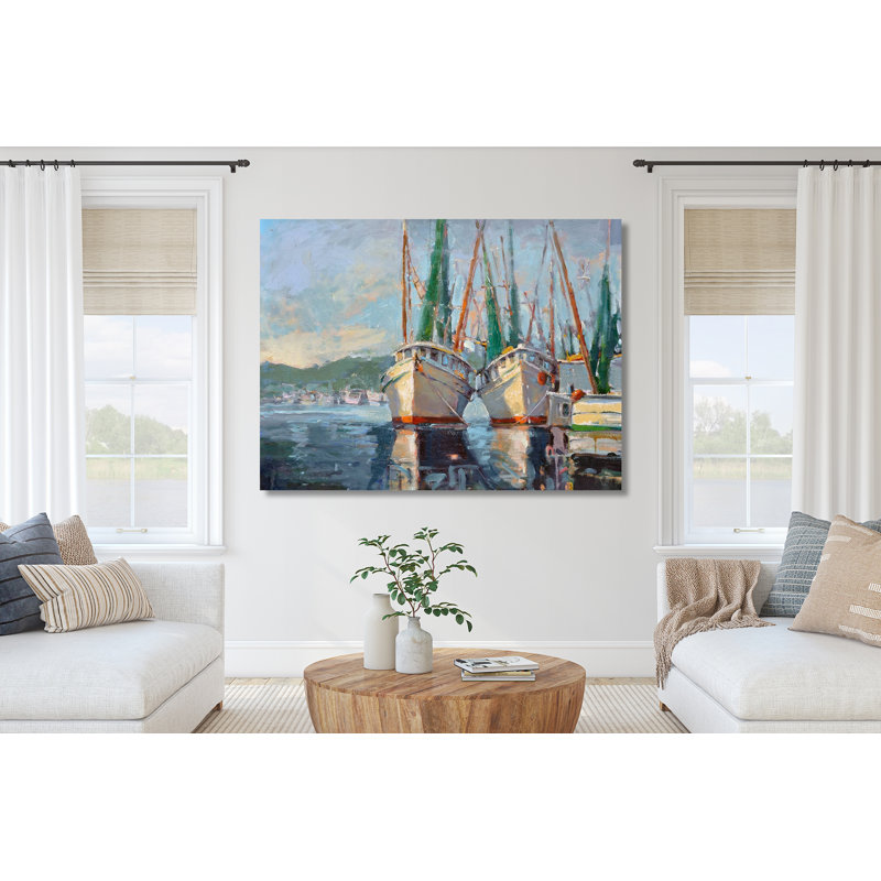 Two Shrimp Boats - Artist Enhanced Canvas Print, White Framed Canvas, 37.5" H x 49.5" W x 1.75" D