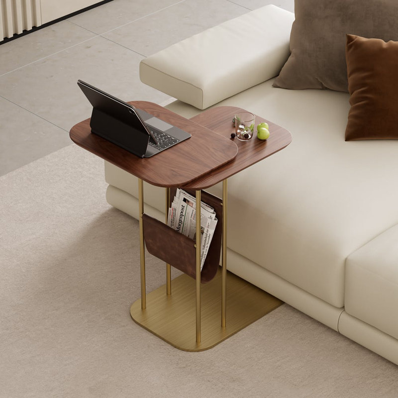 C-Shaped Walnut & Gold Rotating Side Table With Storage