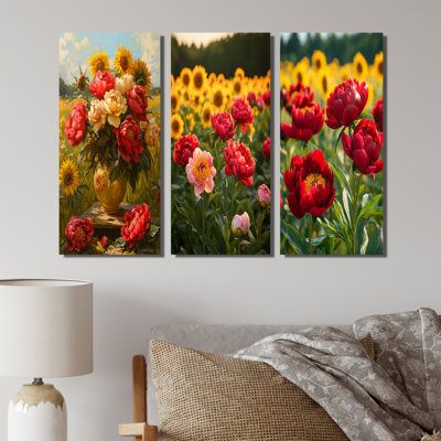 Pivoines par le champ de tournesols I - Collection d'impressions sur toile florales