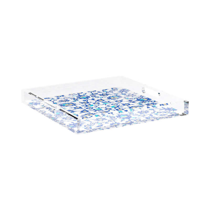 Bosphorus Acrylic Square Decorative Tray, 15"W x 15"D x 2"H, Blue White
