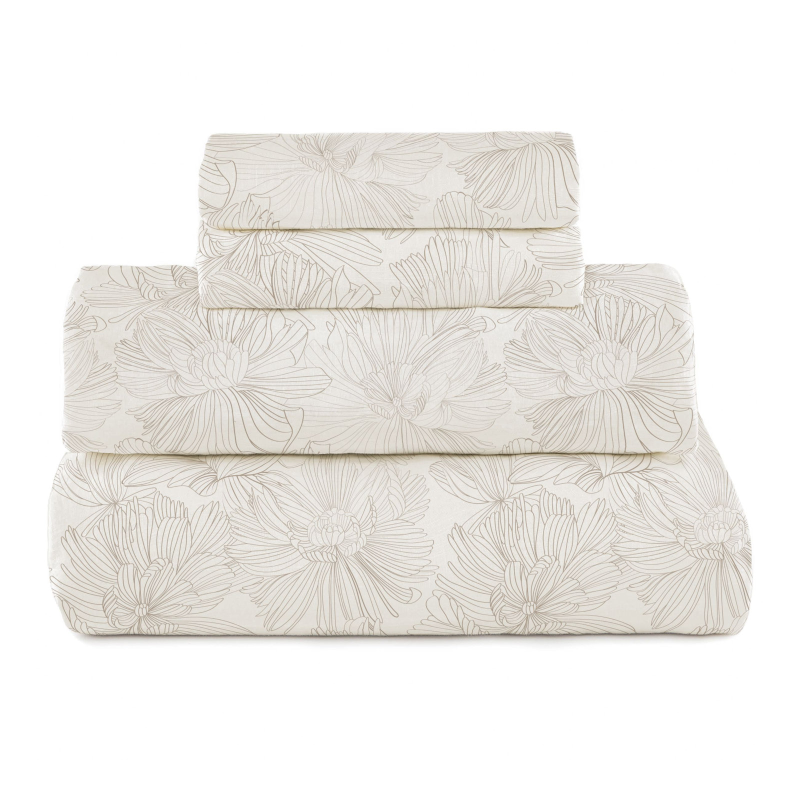 100% French Linen Sheet Set, Twin XL Sheet Set with 1 Pillowcase, Cream/Putty Floral