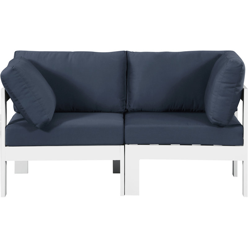 Kylis 60'' Wide Aluminum Loveseat with Cushions, White, Navy