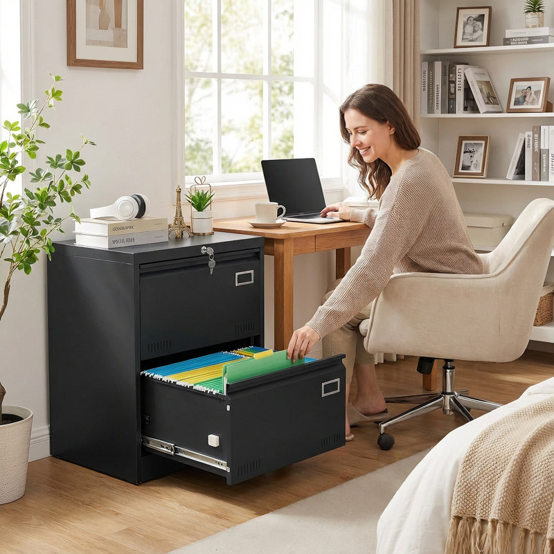 23.6" Wide Lockable 2-Drawer Lateral File Cabinet, Black