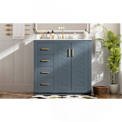 Ensemble de meuble-lavabo 36 po avec lavabo en céramique, armoire de rangement en bois massif, ensemble de meuble-lavabo autoportant avec 3 tiroirs et portes à fermeture douce