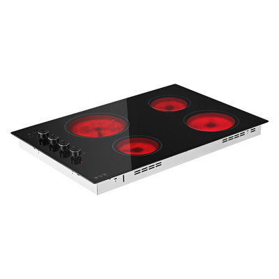 Plaque de cuisson électrique de 76 cm (30 pouces), cuisinière encastrée en céramique à 4 brûleurs, 6700 W, 220 V, sans prise, dotée de 11 niveaux de puissance, d'une minuterie, d'un verrouillage de sécurité enfant, d'une protection contre la surchauffe et de commandes tactiles/à double bouton.
