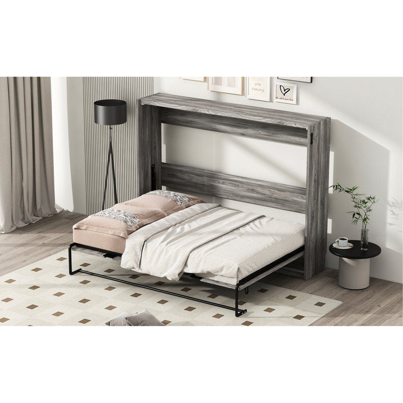 Lit double gris qui se replie dans l'armoire, conception peu encombrante, lattes de pin, structure en métal, aucune boîte à ressorts requise, longue durée et structure stable qui se transforme en solution économique