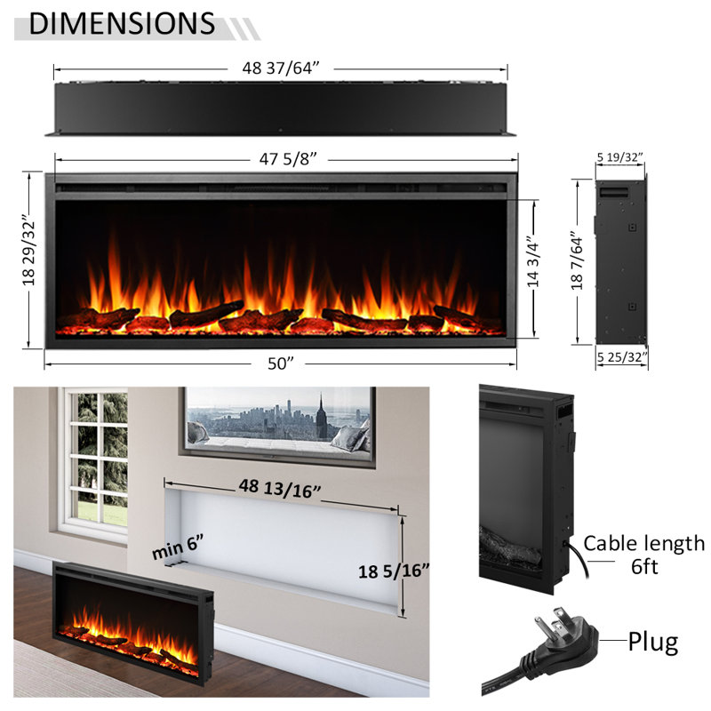 Foyer électrique encastrable l 50 po Swenja avec flamme réglable, son de feu et télécommande