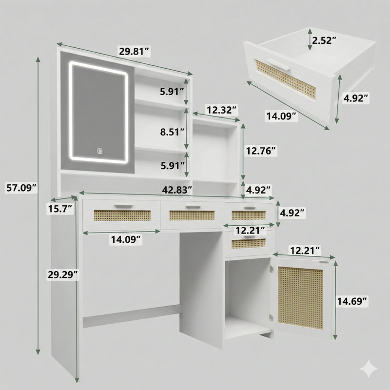 Makeup Vanity With Lights In Three Colors And An Openable Mirror. This Vanity Desk Includes Four Drawers, One Cabinet, And Shelves. A Rattan Vanity Dresser Table Suitable For The Bedroom.