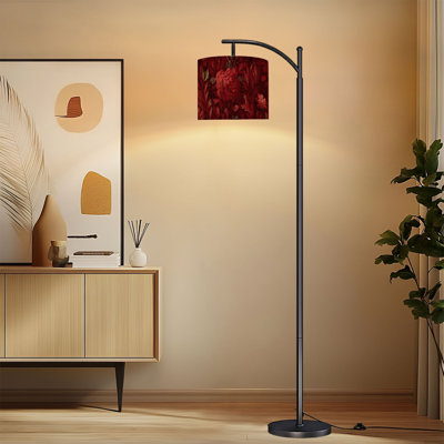Lampe sur pied à arc avec abat-jour réglable Élégante lampe florale rouge à feuilles détaillées Fleurs sur pied 3 températures de couleur Lampe à mât haut avec interrupteur au pied pour la chambre à coucher
