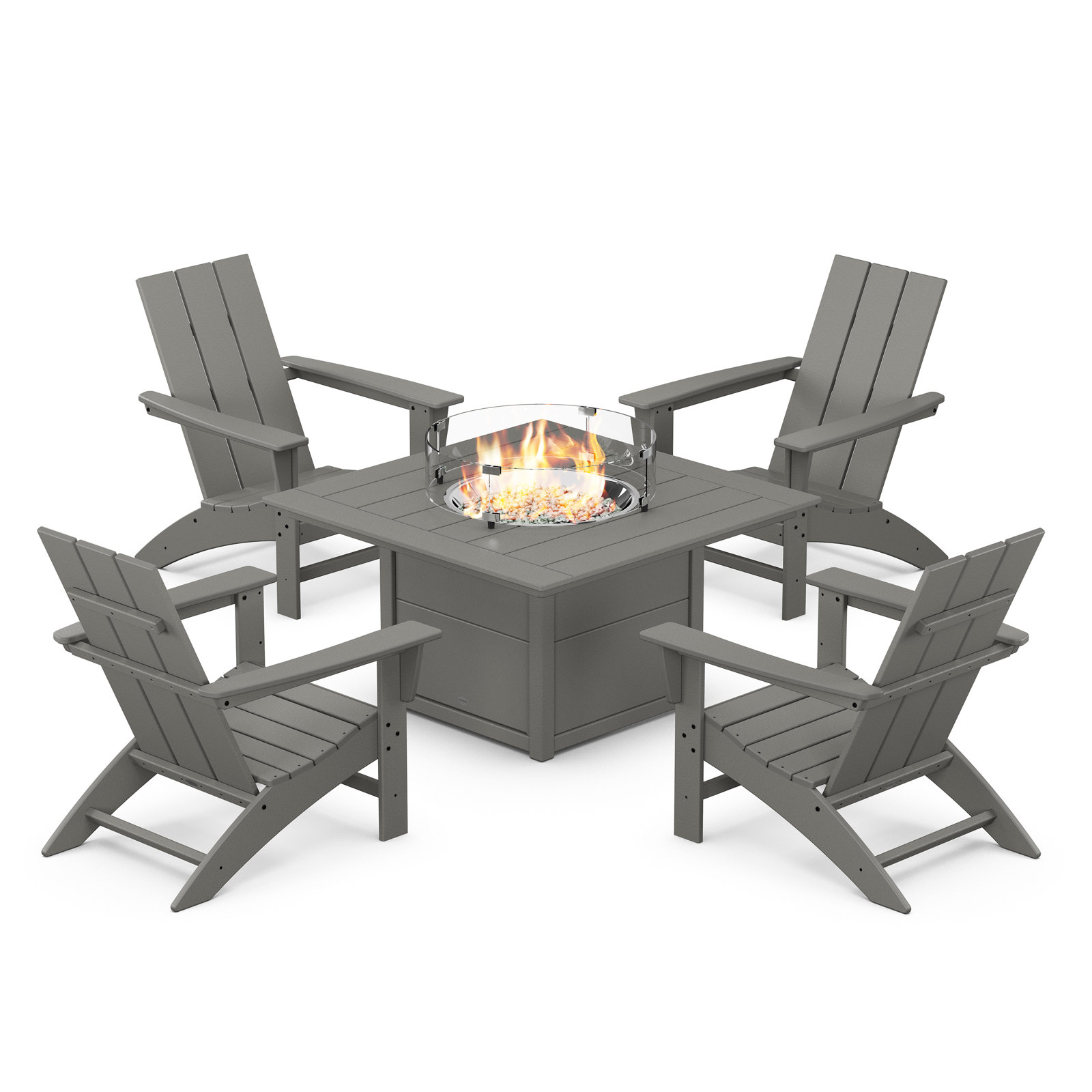 Modern 5-Piece Adirondack Chair Conversation Set with Fire Pit Table, Slate Gray
