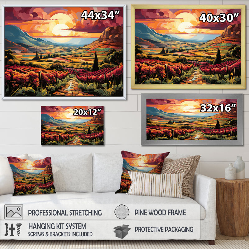 «Vineyard Sunset Rows Of Ruby Landscape II», reproduction sur toile, H 16 po x l 32 po x P 1 po, Cadre photo doré simple