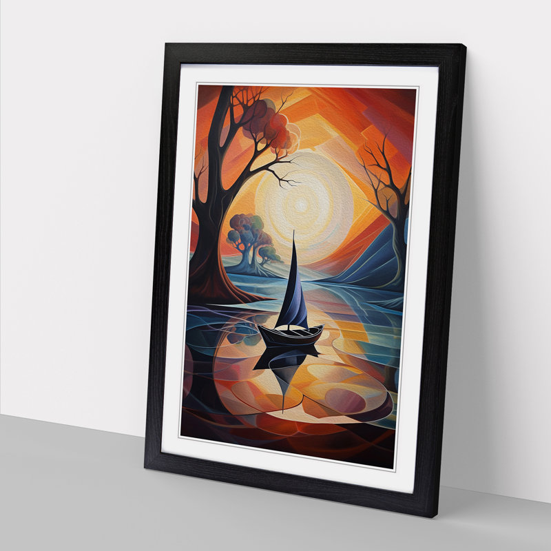 Boat on a Lake Futurism Art - Framed Print, 34cm H x 25cm W x 2cm D, Black Framed