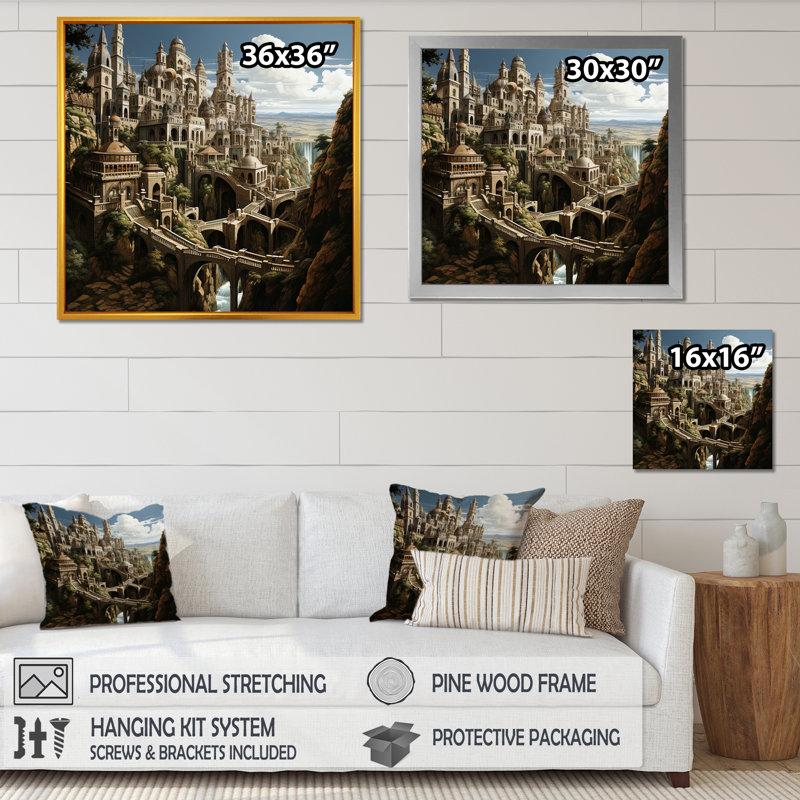 Dessin d'analyse d'une forteresse sur toile, Cadre flottant doré, H 30 po x l 30 po x P 1 po