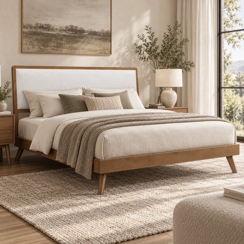 Renwick King Mid-Century Solid Wood Platform Bed with Boucle Headboard and Tapered Legs, King, Walnut