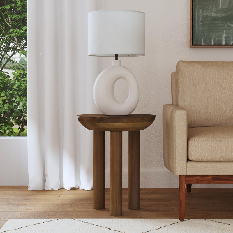 Ebern Designs Mango Wood 3-Leg Side Table, Brown