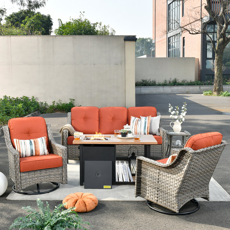 Wicker 5 - Person Patio Conversation Set with Cushions, Orange/Red