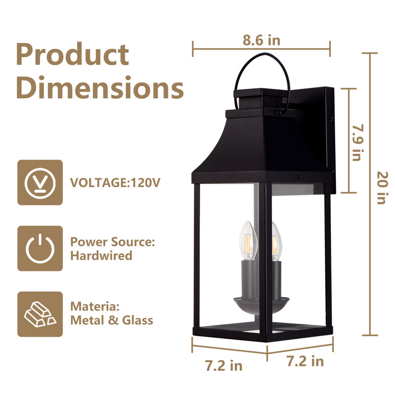 2-light 20'' H Black Outdoor Wall Lantern, Modern Industrial Porch & Patio Light Wall Sconce With Tempered Glass, Waterproof Exterior Lighting