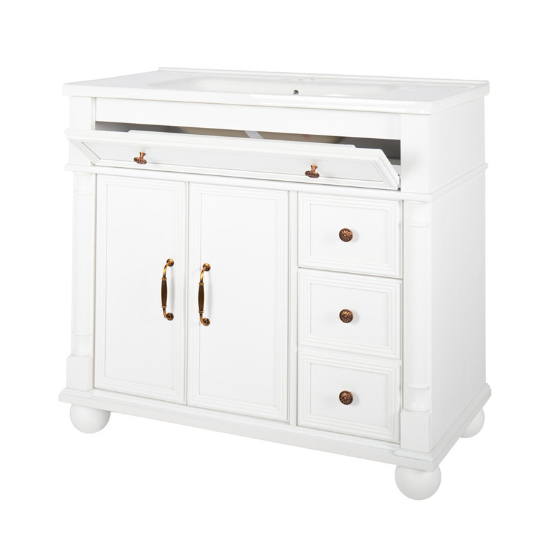 Lavabo de salle de bain 35,6 "Mid-Century avec base de colonne romaine, lavabo de salle de bain autoportant Farmhouse avec rangement