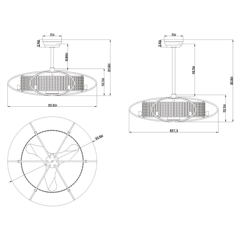 Ventilateur de plafond en cristal 3 pales 34 "avec télécommande et ensemble d'éclairage inclus Goggins