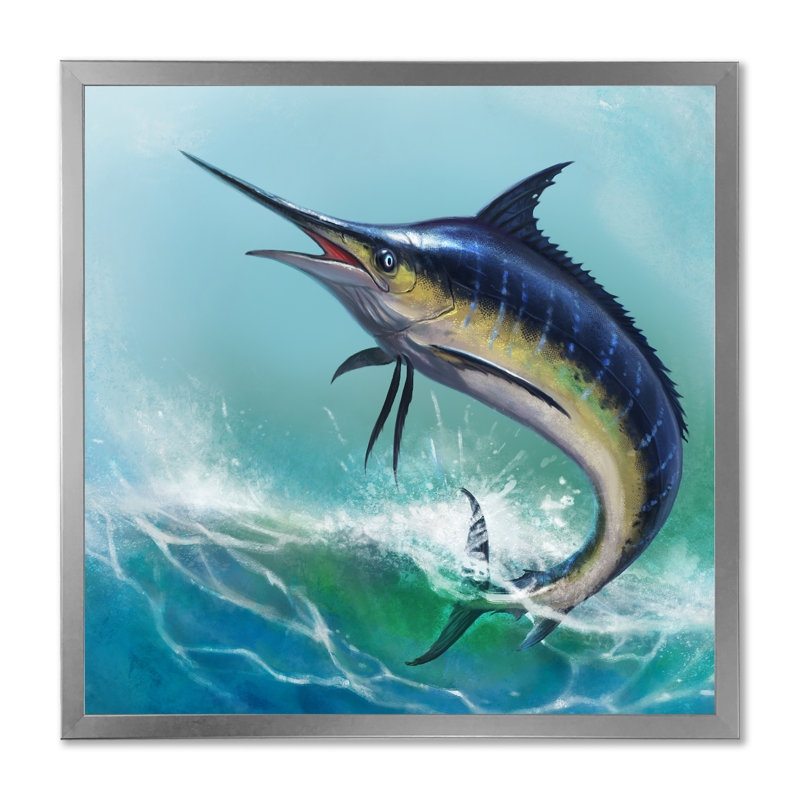 Marlin bleu dans l'océan - Peinture, H 16 po x l 16 po, Cadre photo argenté