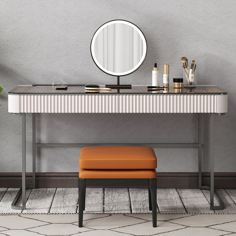 Dressing Table with Mirror, 29.5” H x 50“ W x 23” D, Beige/Grey