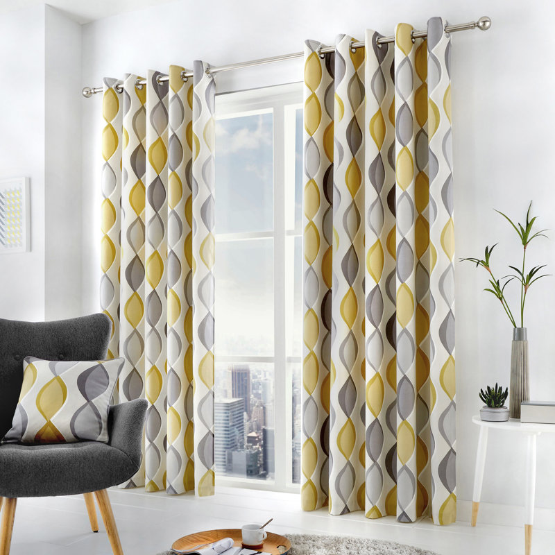 100% Cotton Ready Made Eyelet Curtain, Width 168 x Drop 183 cm, Grey/Yellow