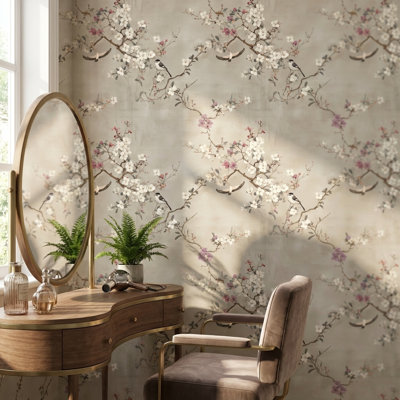 Papier peint floral oiseaux rétro
