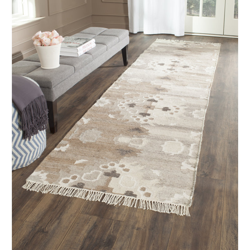 Mill Natural Hand Woven Wool/Viscose/Cotton Geometric Rug in Gray, Runner 2'3" x 10'