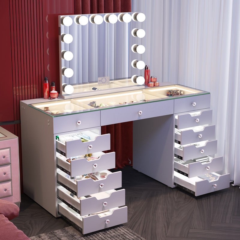 Ensemble de meuble-lavabo avec miroir lumineux et plateau en verre HD avec 13 bandes de lumière DEL intégrées