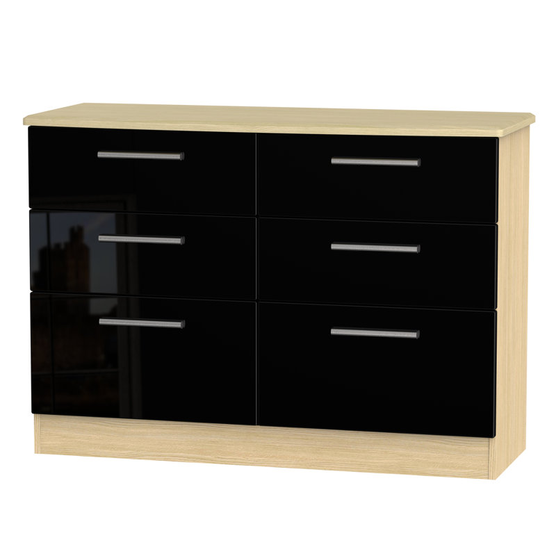 Fully Assembled Yvette 6 Drawer Chest, Oak/Black