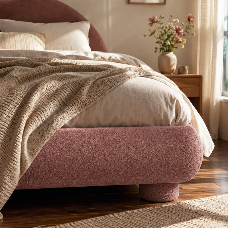 Lit plateforme Alviera en tissu bouclé avec tête de lit cintrée, sommier à lattes en bois, sans sommier tapissier, rouge roux