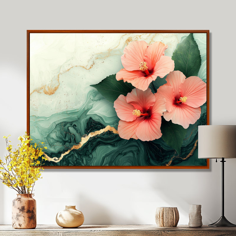Corionna Hibiscus Flowers Field On A Emerald Stone II - Hibiscus Wall Art, H 34 po x l 44 po, Impression encadrée flottante