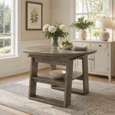 Table de salle à manger extensible ronde à ovale avec rallonge rabattable intégrée, piètement en forme de H et tablette de rangement pour 4 à 6 personnes